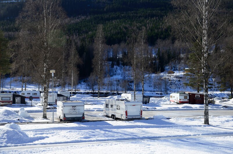 A snow-covered campsite in winter with a few caravans among the trees.