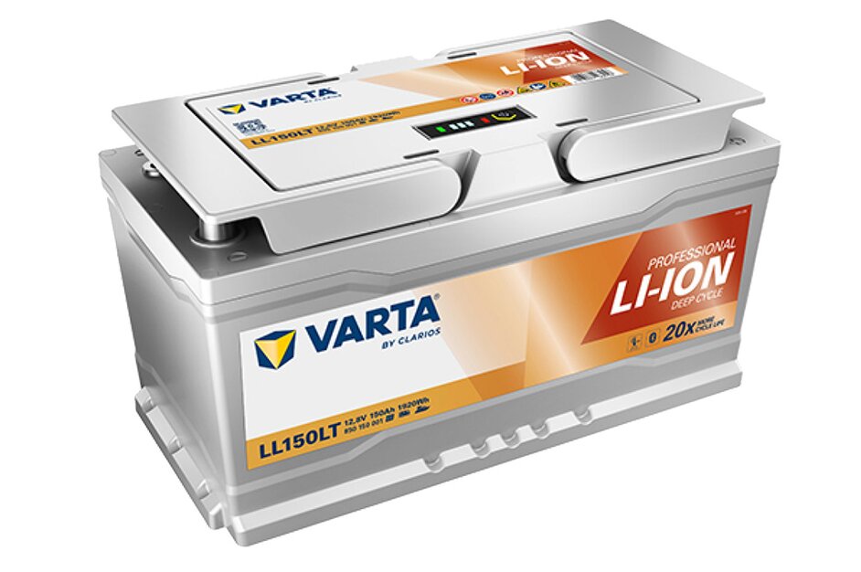 Batteria VARTA LL100LT agli ioni di litio per uso professionale, con capacità di 12,8V e 100Ah, appartenente alla gamma LI-ION Deep Cycle, adatta a cicli profondi e dotata di tecnologia Bluetooth per il monitoraggio. Etichetta evidenzia 20 volte più cicli di vita rispetto alle batterie tradizionali